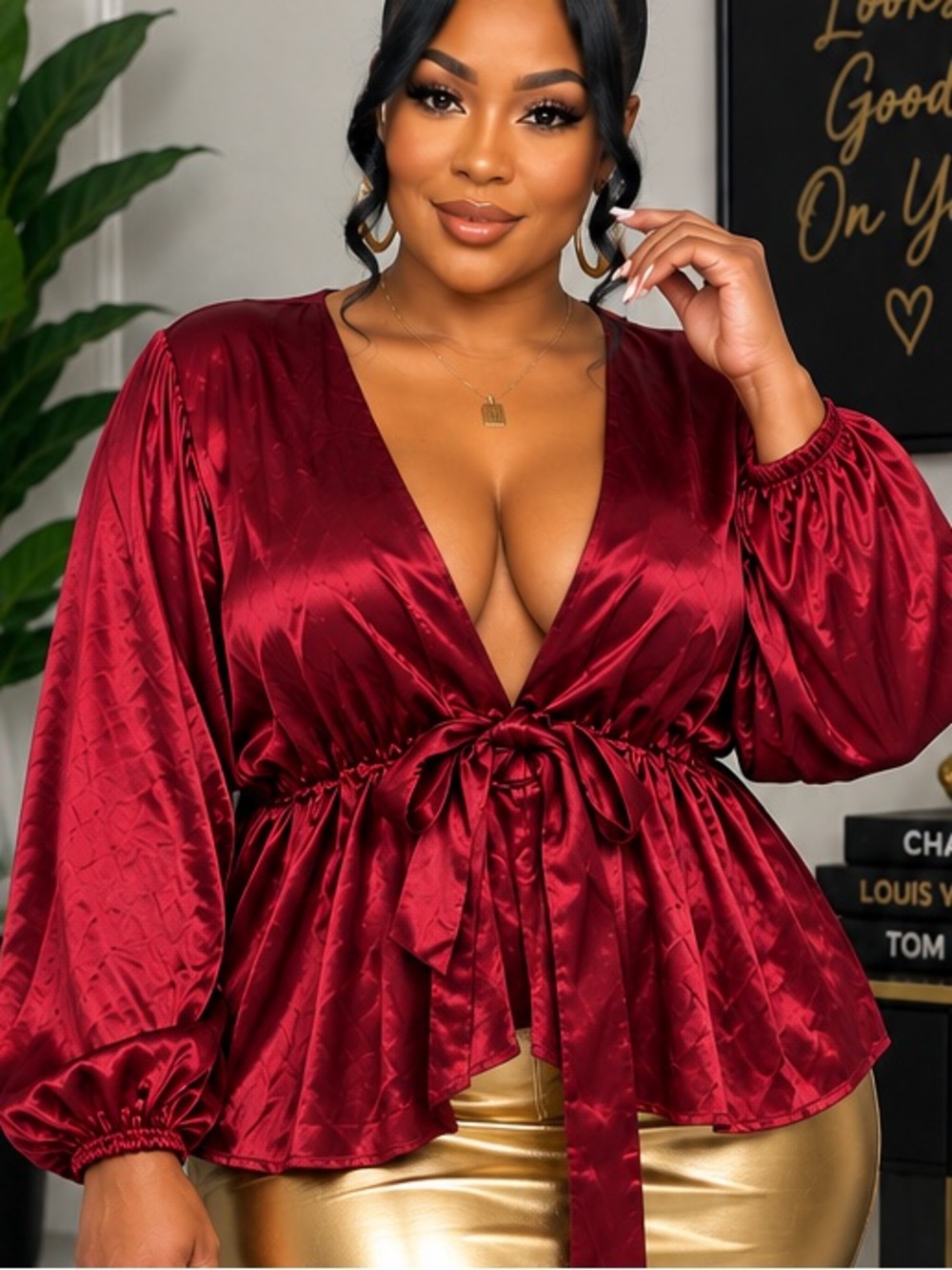 Deep V-Neck Top - Burgundy